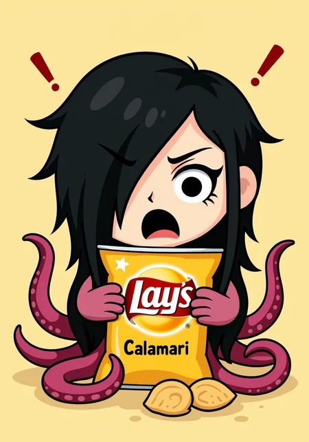 She has a distinctive 2000s scene/emo haircut: thick, sharply angled bangs that sweep across one eye, with long layered strands and long sidelocks that drape in front of her shoulders. Her eyes are framed by bold black winged eyeliner.a cute octopus with an open bag of "Lays" chips with text "Calamari" on chips bag, with some chips spilled out. the octopus is screaming in horror at the bag of chips with two of it's tentacles pressed up to it's face, it has cute round black eyes and a screaming mouth, there are exclamation marks above it's head<lora:2000s_Scene_Emo_Hair.safetensors:1.0:1.0>