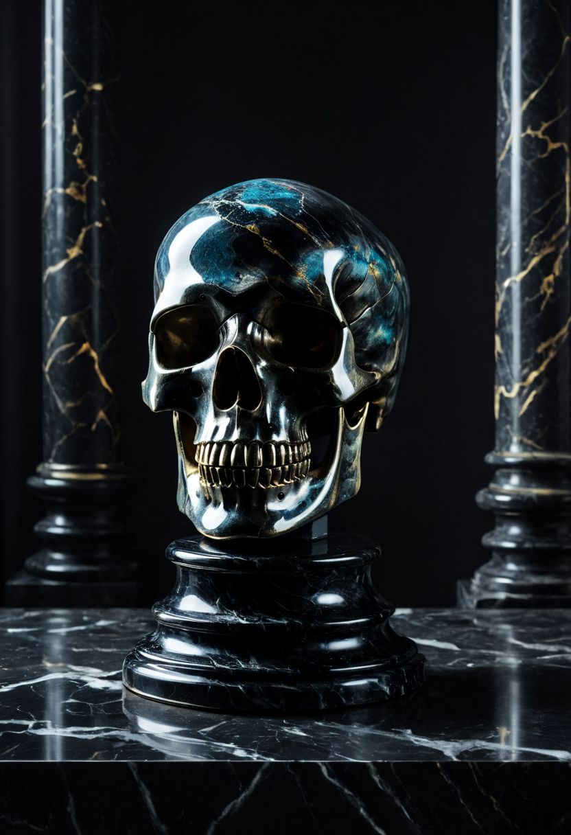 Fujifilm XT3, Sony A7 IV, (award winning photography) a (black: 0.89) marble skull made of opal (Kintsugi: 0.89) set on a pedestal in temple, glistening. in the background beautiful pillars, divine (iridescent: 0.79), opalescent textures, volumetric light, ethereal, sparkling, studio photo, highly detailed, sharp focus (highest quality: 1.39) (highest coherency: 1.39) (award winning photography), highly detailed photography, (muted colors, cinematic, dim colors, soothing tones:1.2), vibrant, insanely detailed, hyperdetailed, (dark shot:1.2), (vsco:0.3), (intricate details:0.9), (hdr, hyperdetailed:1.2) (vignette), sss, raw photo, fijifilm, kodak, cinematic film grain