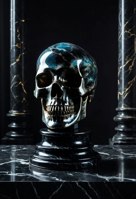 Fujifilm XT3, Sony A7 IV, (award winning photography) a (black: 0.89) marble skull made of opal (Kintsugi: 0.89) set on a pedestal in temple, glistening. in the background beautiful pillars, divine (iridescent: 0.79), opalescent textures, volumetric light, ethereal, sparkling, studio photo, highly detailed, sharp focus (highest quality: 1.39) (highest coherency: 1.39) (award winning photography), highly detailed photography, (muted colors, cinematic, dim colors, soothing tones:1.2), vibrant, insanely detailed, hyperdetailed, (dark shot:1.2), (vsco:0.3), (intricate details:0.9), (hdr, hyperdetailed:1.2) (vignette), sss, raw photo, fijifilm, kodak, cinematic film grain