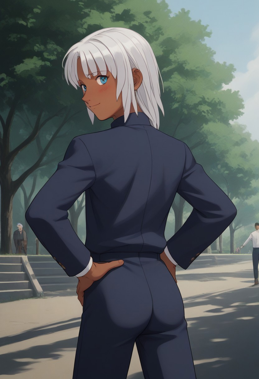 nsfw,score_9, score_8_up, score_7_up, source_anime,masterpiece, best quality, 1990s (style), 
1femboy,loran cehack, dark skin, white hair, blue eyes,
(embarrassed,smile,blush),hands on hip,upper body,
BREAK (public indecency,undress,open shirts ,back,ass,boy focus,cowboy shot,open stance:1.2),looking back at viewer,from behind,outdoor,wood