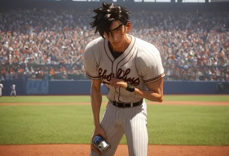 1boy, solo, male focus, toned male, black hair, messy hair, spiky hair, messy hair, satisfaction, satisfied, closed, mouth, neutral,
baseball outfit, belt pants, looking at viewer, smile, sweaty, sweating, drenched in sweat, towel, soda can, refreshing
rating PG, score_9,score_8_up,score_7_up, source_anime, male focus, Muscular,
big thigh, big thigh, big chest, hung, manly, tall, detailed eyebrow, sharp eyebrows, focus on thigh, hairy thigh, thigh focus, random view