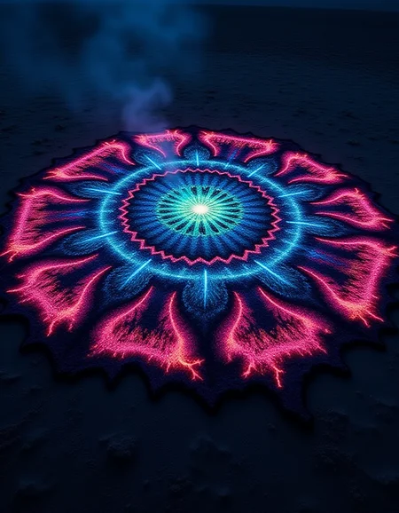 A massive, burned patch in the shape of a glowing mandala sprawls across an infinite, shifting surface. The design pulsates with spirals, fractals, and intricate geometric patterns, each burned into the ground with blackened, ashy edges that radiate colors like neon pink, electric blue, and glowing green. The mandala seems alive, with each segment shifting and undulating as if responding to some unheard cosmic rhythm. The air shimmers with heatwaves and light trails, adding depth to the hypnotic scene.
<lora:ral-brndptch_000002000:1>