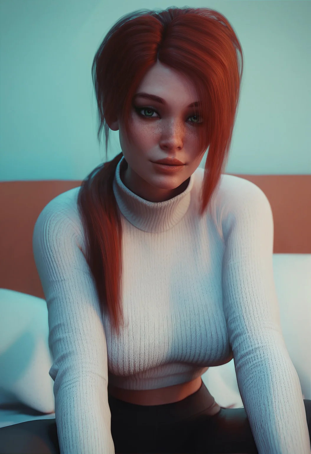 score_9, score_8_up, score_7_up, score_6_up, (very aesthetic, girl, face focus, in a tracksuit, yoga pants, looking at viewer, sitting on the bed), freckles, a woman with red hair, red hair, SageDikk