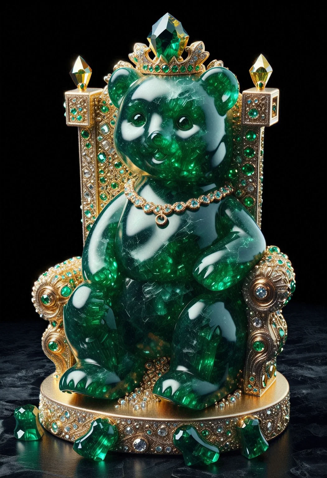 Royal emerald green gummy bear, sitting on a prismatic throne, majestically basking in glorious victory over the other casual pleb gummies, inferior to the bejeweled elegance of their uranium-flavored god. The throne is absolutely not looking like a toilet and the eccentric jewelry does not resemble any stereotypical pimp's attire. Radioactive godrays illuminate the scene in a brilliant sparkle of opulescent decadence and unadulterated raging narcissism. Masterpiece, highly detailed, professional, 4K   <lora:dmd2_sdxl_4step_lora> <lora:xl_EmeraldMorph>