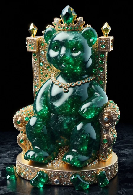 Royal emerald green gummy bear, sitting on a prismatic throne, majestically basking in glorious victory over the other casual pleb gummies, inferior to the bejeweled elegance of their uranium-flavored god. The throne is absolutely not looking like a toilet and the eccentric jewelry does not resemble any stereotypical pimp's attire. Radioactive godrays illuminate the scene in a brilliant sparkle of opulescent decadence and unadulterated raging narcissism. Masterpiece, highly detailed, professional, 4K <lora:dmd2_sdxl_4step_lora> <lora:xl_EmeraldMorph>