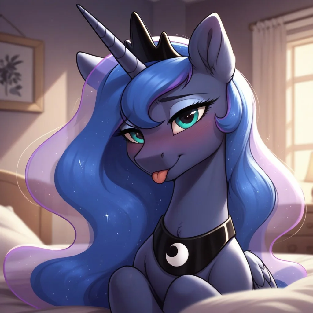 score_9, score_8_up, score_7_up, score_6_up, pony, alicorn, (feral), mare, solo, (princess luna), no breasts, bedroom, indoors, (night), tail, photo_realistic, blushing female, face focus, silly face, looking at you, closed mouth, tongue out, face only, face focus, close-up, upper body