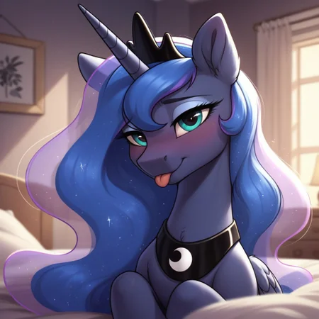 score_9, score_8_up, score_7_up, score_6_up, pony, alicorn, (feral), mare, solo, (princess luna), no breasts, bedroom, indoors, (night), tail, photo_realistic, blushing female, face focus, silly face, looking at you, closed mouth, tongue out, face only, face focus, close-up, upper body