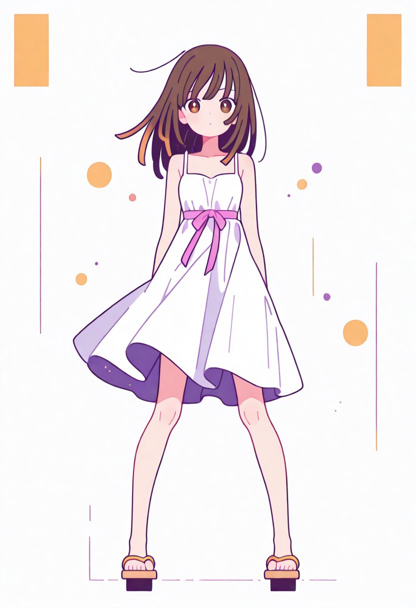 Flatline, Flat vector illustration, looking at viewer, full_body, 
nadeko, long hair, long bangs, brown hair, white dress, sundress, ribbon, bare shoulders,
slim, slender, knees, long legs, beautiful legs, barefoot, geta wooden sandals, 
from front, front view, straight-on, look at viewer, standing, (legs apart:1.4), 
white background,