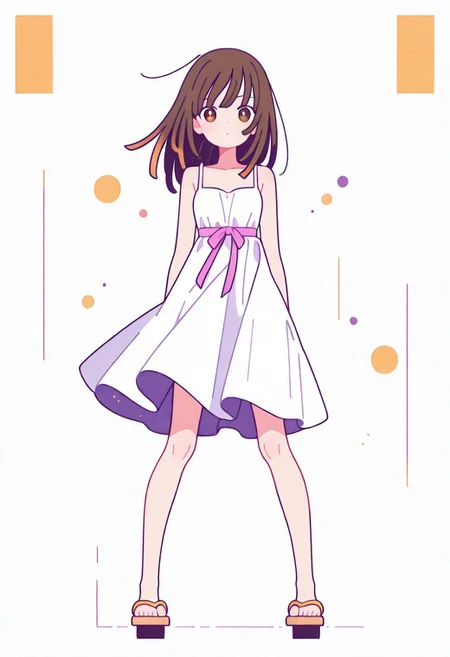 Flatline, Flat vector illustration, looking at viewer, full_body,
nadeko, long hair, long bangs, brown hair, white dress, sundress, ribbon, bare shoulders,
slim, slender, knees, long legs, beautiful legs, barefoot, geta wooden sandals,
from front, front view, straight-on, look at viewer, standing, (legs apart:1.4),
white background,