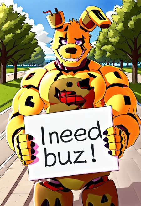 by pache riggs, springtrap, animatronic, furry, robot, need_buzz, holding sign, looking at viewer, solo, male, 1man, in the park, muscular,