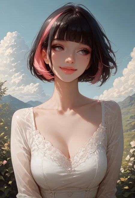 score_9, score_8_up, score_7_up, score_6_up, score_5_up, score_4_up, Sarah, SarahRH, Expressiveh, detailed, short black hair, bob cut, straight hair, blunt bangs, dyed bangs (pink), (pink) streaked hair, dark eyes, cute face, beautiful lips, medium breasts, curvy, large hips, pale skin, mole under her eye, outdoors, (white) sundress, windy, looking away, little smile, pensive, mountains background, aesthetic, cowboy shot, Dutch angle