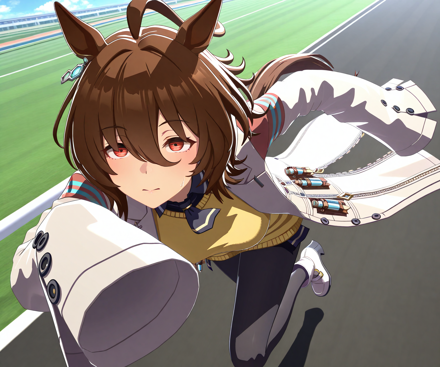 masterpiece, best quality, amazing quality, , 1girl, solo, umamusume, racetrack, running,  <lora:Agnes Tachyon in game style 3D ILL-v2.1:1>  ummsmingame, 3d,  agnes tachyon \(umamusume\),  sleeves past fingers