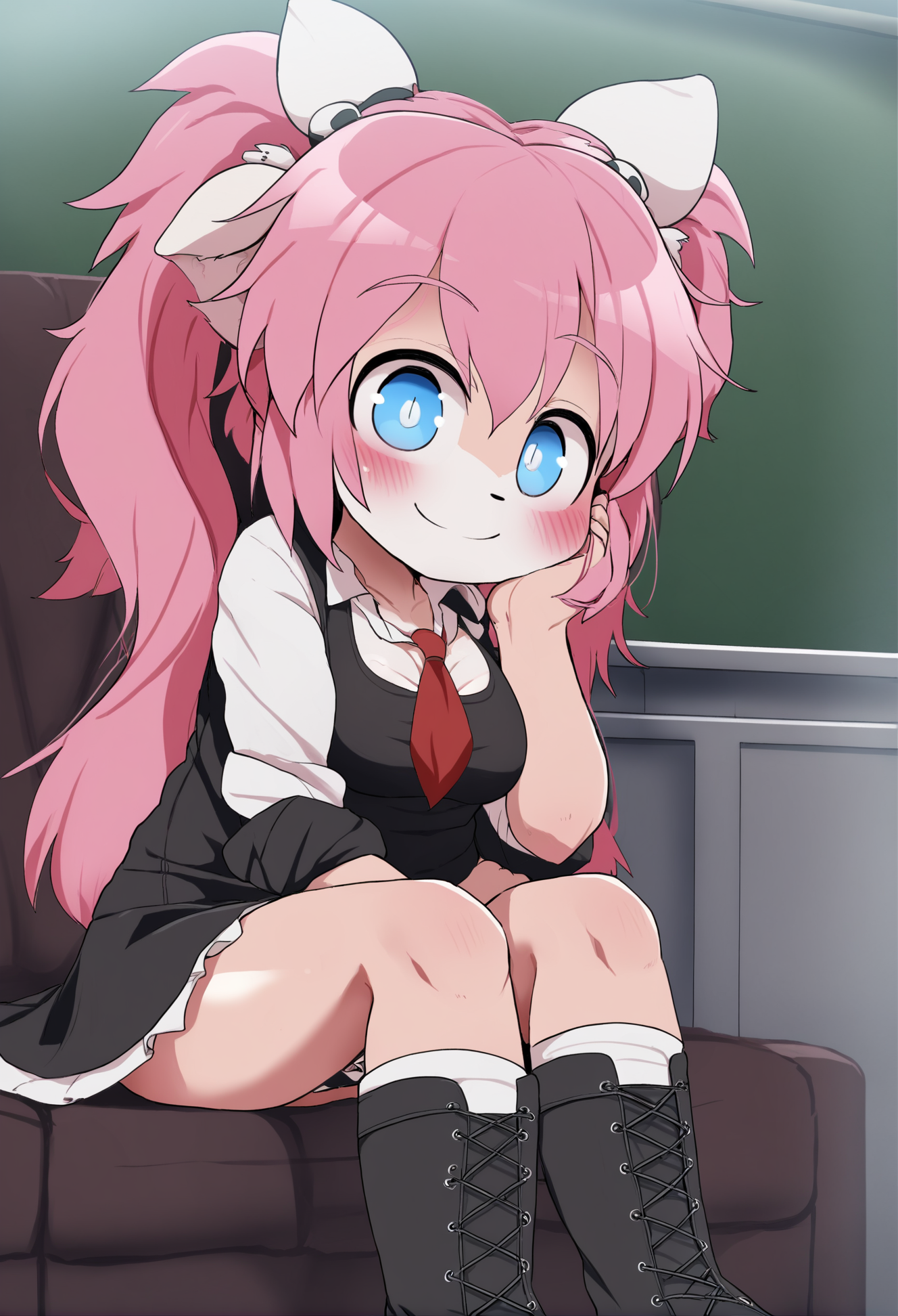 masterpiece, hyper detailed, best quality,(furry:1.3),1girl, long hair, enoshima junko, solo, boots, breasts, twintails, smile, sleeves rolled up, skirt, blue eyes, cleavage, hair ornament, cross-laced footwear, lace-up boots, pink hair, nail polish, sitting, knee boots, necktie, monokuma, medium breasts, head rest, looking at viewer   ,<lora:DAGASIXLlokr8f-000188:0.95>