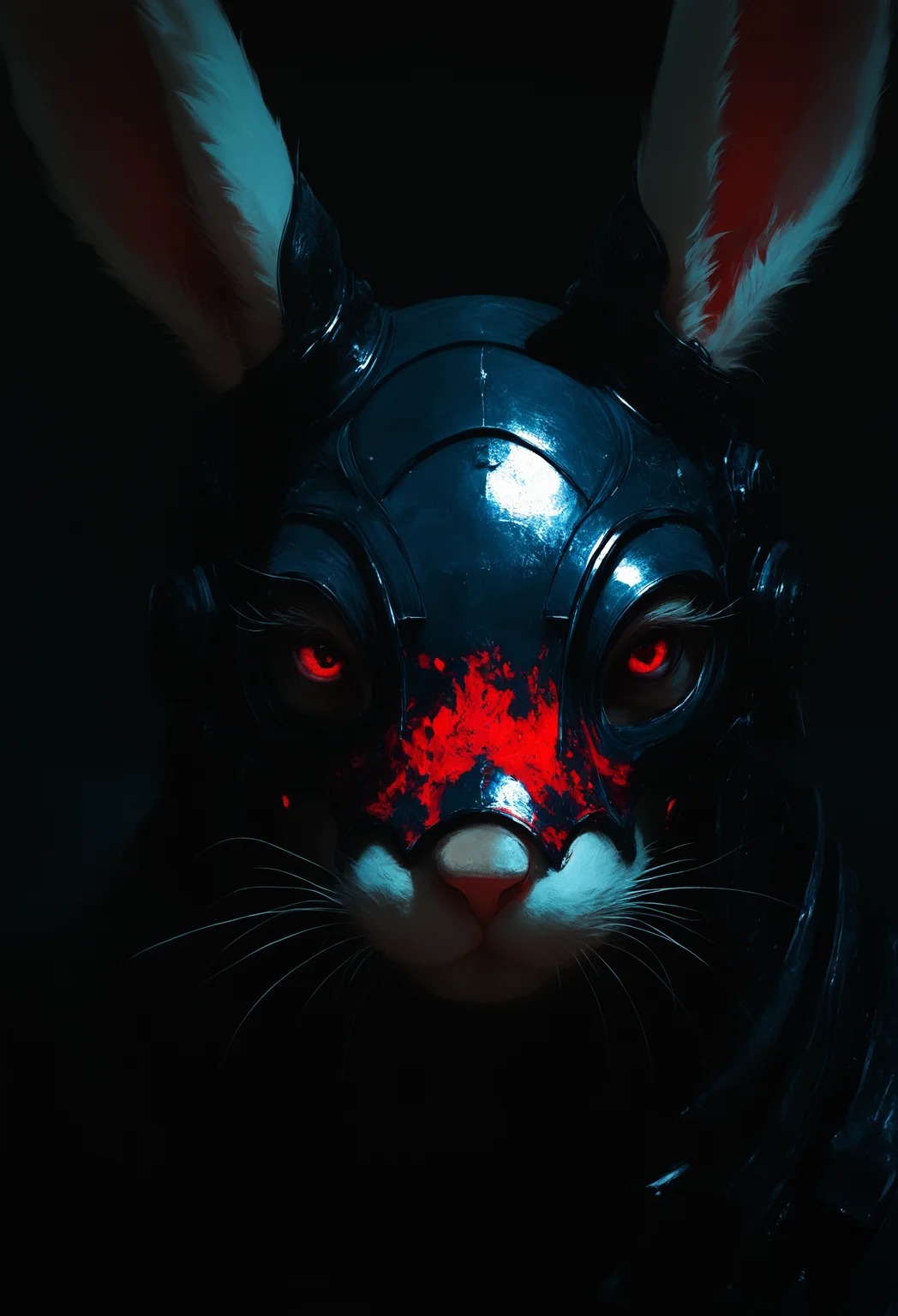 masterpiece, best quality, good quality, very awa, very aesthetic, absurdres, newest, solo, looking_at_viewer, red_eyes, animal_ears, rabbit_ears, armor, no_humans, mask, helmet, portrait, furry, close-up, rabbit, realistic, whiskers, photo \(medium\), painterly, no lineart, blending, scenery, volumetric lighting, opill, 748cmstyle