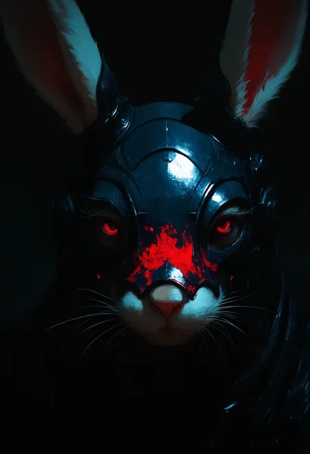 masterpiece, best quality, good quality, very awa, very aesthetic, absurdres, newest, solo, looking_at_viewer, red_eyes, animal_ears, rabbit_ears, armor, no_humans, mask, helmet, portrait, furry, close-up, rabbit, realistic, whiskers, photo \(medium\), painterly, no lineart, blending, scenery, volumetric lighting, opill, 748cmstyle