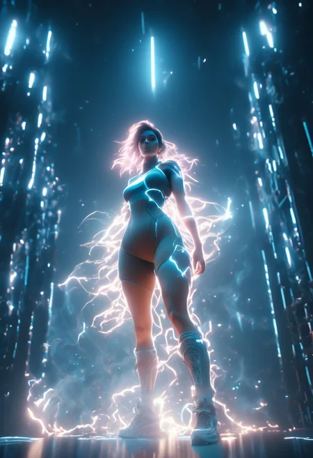 A character with an hourglass body wearing shorts clothes with high to low view, a colder color grading, cinematic color, cinematic lightings, fresh colors, facial muscles, hot,sexy,breast,thunder lights. 4k resolution, ultra HDR, and ghostly beauty, glowing clones