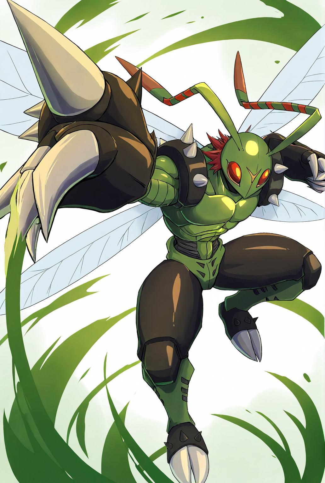 very awe,aesthetically pleasing,masterpiece,best quality,amazing quality,very aesthetic,ultra-detailed,high resolution,8k,1boy,solo, full body,male focus,detailed face,digimon,insect wings,no humans,wings,(creature),claws,spikes,antennae,red eyes,armor,fighting stance, perspective, flying,<lora:Stingmon:0.8>,stingm0n,digimon \(creature\),