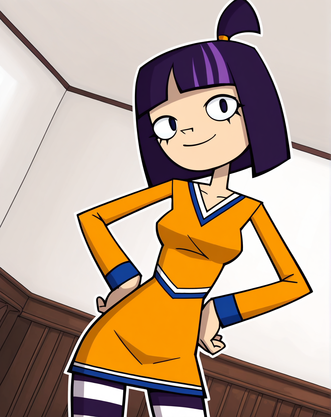 masterpiece, best quality, amazing quality, very aesthetic, absurdres, newest, solo,  Theresa_FowlerZYN, , 1girl, solo, (purple hair, short hair, small ponytail, team uniform, long sleeve dress, striped leggings, blue shoes), cowboy shot, looking at viewer, beautiful, ((beautiful face, beautiful eyes)), Breasts, Wide Hips, Big thighs, standing,(smile, dutch angle, Hands on hips,naughty pose, looking at viewer, indoors, elegant room, solo, dynamic pose, full_body, head tilt,),((white background, White frame, white outline))