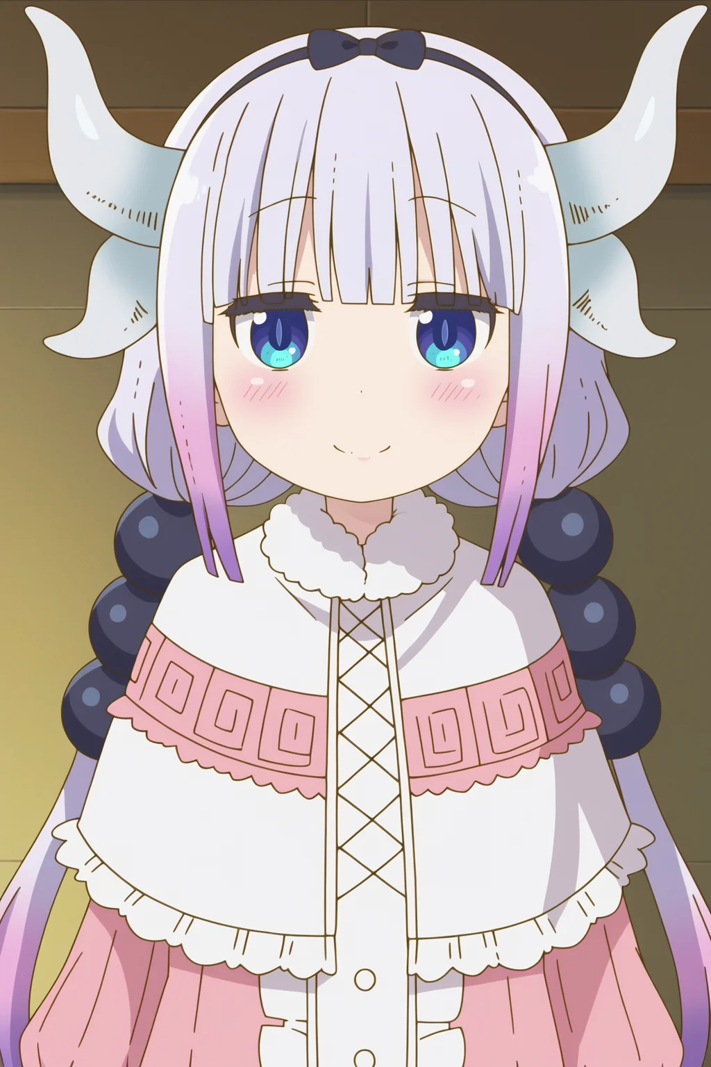score_9, score_8_up, score_7_up, source anime, prefect lighting, very aesthetic, BREAK, anime coloring, anime screencap,
<lora:kanna_kamui_v2-pdv6:1>, 1girl, kanna kamui, kobayashi-san chi no maidragon, blue eyes, purple hair, gradient hair,low twintails, hair beads, hair bow, tail, dragon horns, dragon girl,
kanaout1, short dress, capelet, center frills,
BREAK, looking at viewer, light smile, blush, upper body, portrait,
BREAK,