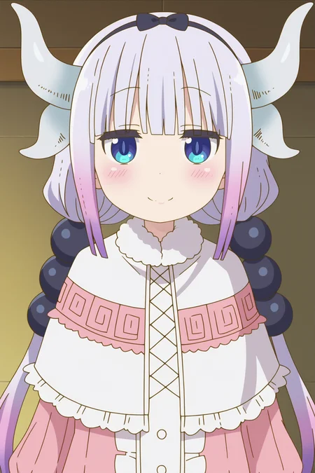 score_9, score_8_up, score_7_up, source anime, prefect lighting, very aesthetic, BREAK, anime coloring, anime screencap,
<lora:kanna_kamui_v2-pdv6:1>, 1girl, kanna kamui, kobayashi-san chi no maidragon, blue eyes, purple hair, gradient hair,low twintails, hair beads, hair bow, tail, dragon horns, dragon girl,
kanaout1, short dress, capelet, center frills,
BREAK, looking at viewer, light smile, blush, upper body, portrait,
BREAK,