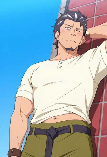 safe_pos, score_9, score_8_up, score_7_up, score_6_up, perfect anatomy, perfect proportions, best quality, masterpiece, high_resolution, high quality, best aesthetic, incredibly absurdres, highres, extremely detailed, huge filesize, solo male, adult, mature, masculine, manly, handsome, charming, alluring, standing, upper body, dutch angle, cowboy shot, source_anime \(Deca Dence\), anime coloring \(Deca Dence\), Kaburagi \(Deca Dence\), DDKaburagi, black hair, grey hair streak, multicolored hair, hair slicked back, facial hair, goatee, green eyes, sanpaku, constricted pupils, eyebrow slit, scar, DDKaburagi_outfit02, white shirt, wide necked shirt, short-sleeved shirt, sleeves tucked up and buttoned, shirt tucked-in, olive work pants, wide pants, black tied belt, tied belt, left leather bracelet, brown boots, blue sky, day, rusty iron wall, ((view from below, exhausted, flustered, one eye closed, clothes lift, one hand lift shirt, navel, single hand behind head))