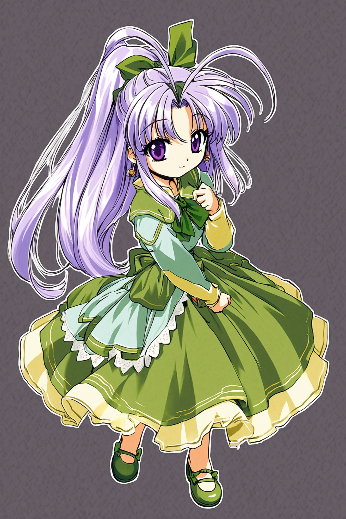 Shaorin,1girl,solo,long hair,dress,earrings,jewelry,purple eyes,smile,bow,long sleeves,hair bow,antenna hair,green bow,looking at viewer,ribbon,full body,purple hair,ponytail,green dress,bangs,hair ribbon,<lora:Minene Sakurano_XL:0.8>,
