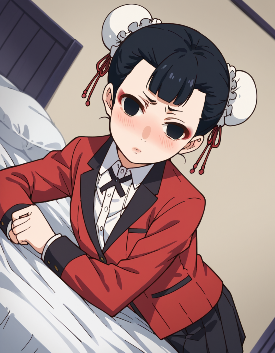 score_9, score_8_up, score_7_up, source_anime, <lora:miri-youbami-s2-ponyxl-lora-nochekaiser:1>, miri youbami, short hair, bangs, black hair, hair bun, black eyes, double bun, makeup, empty eyes, bun cover,, skirt, shirt, school uniform, jacket, white shirt, pleated skirt, collared shirt, black skirt, blazer, red jacket,, indoors, bed, bed room, on side, blush, drunk, looking at viewer, solo,, cowboy shot, dutch angle