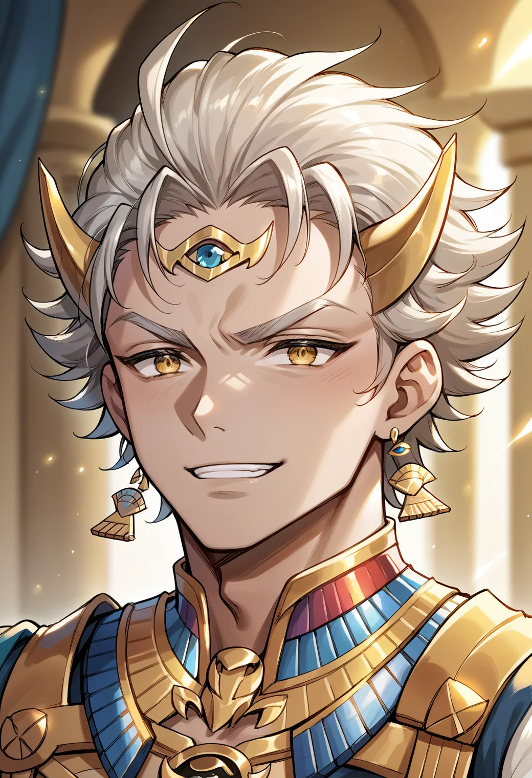 score_9, score_8_up, score_7_up, score_6_up, source_anime, <lora:cainkr-ponyxl-beta2-07:1.0>, cainkr, 1boy, male focus, yellow eyes, close-up, smug, smirk, half-closed eyes, raised eyebrows, torogao, hair ornament, circlet, fake horns,earrings, rimlight, light particles, dim, blurry background, egyptian clothes,