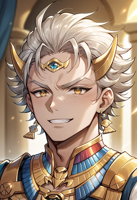 score_9, score_8_up, score_7_up, score_6_up, source_anime, <lora:cainkr-ponyxl-beta2-07:1.0>, cainkr, 1boy, male focus, yellow eyes, close-up, smug, smirk, half-closed eyes, raised eyebrows, torogao, hair ornament, circlet, fake horns,earrings, rimlight, light particles, dim, blurry background, egyptian clothes,