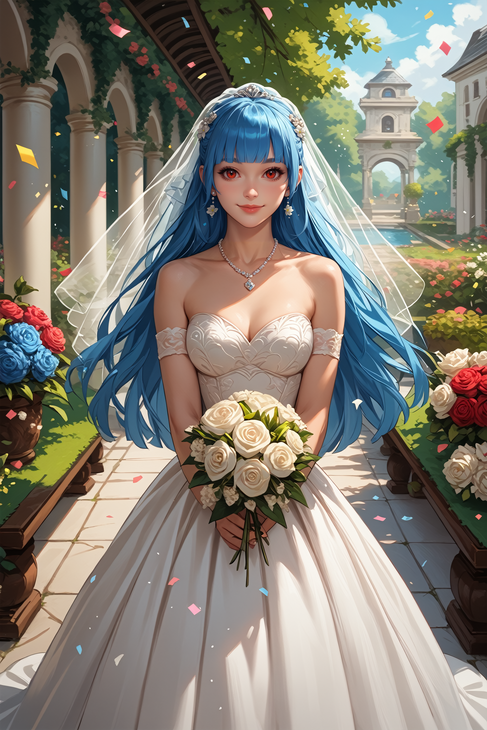score_9, score_8_up, score_7_up, score_6_up
<lora:KOFKulaD:0.9>
KOFKulaD, 1girl, blue hair, long hair, blunt bangs, red eyes, looking at viewer, garden, wedding dress, necklace, smile, bouquet, day, confetti, cowboy shot, standing