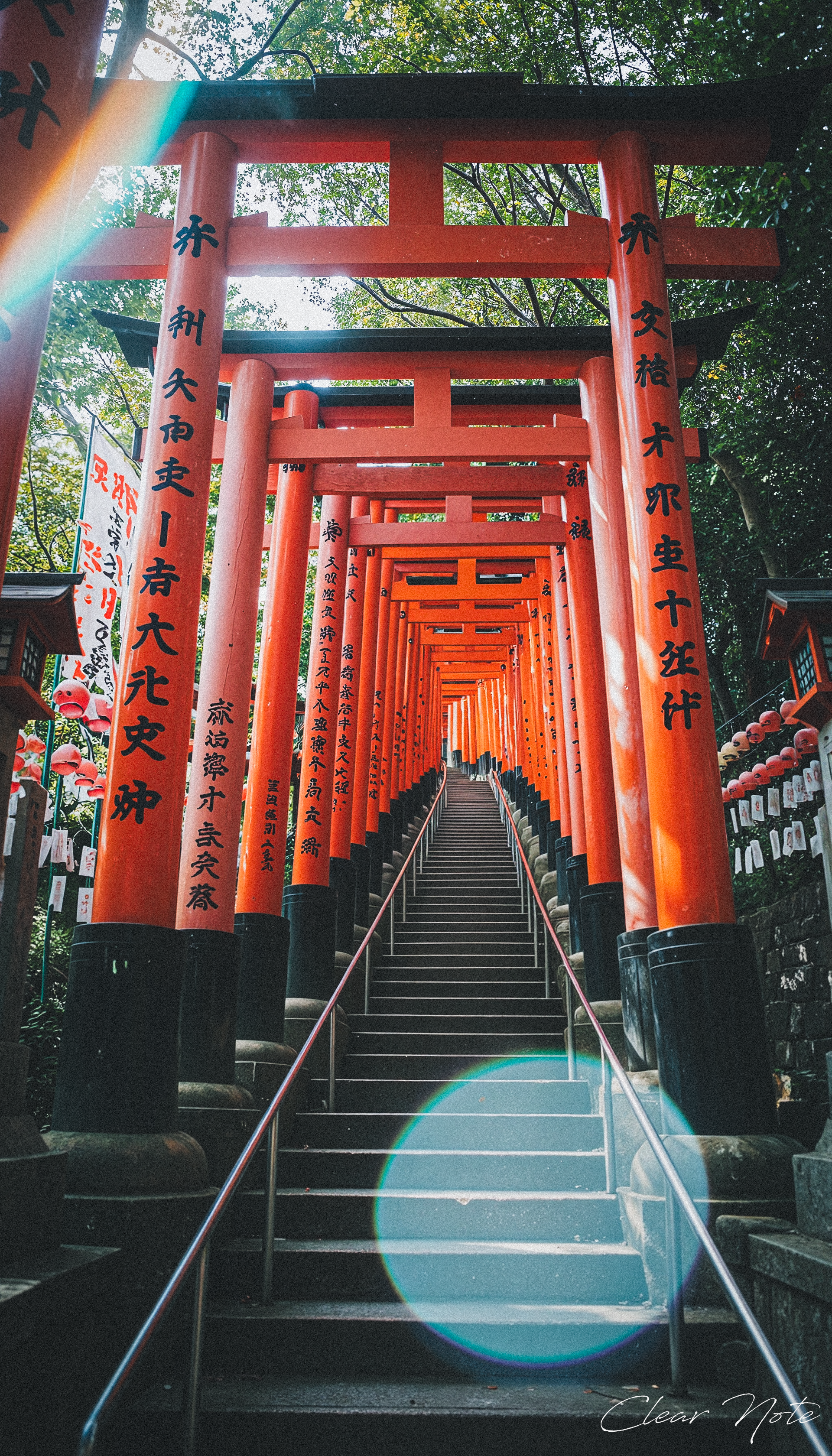 Japanese Culture Style, Emotional Photos, 35mm film, Japanese Shrines, A long staircase leading to the back, Many Red Torii Gates, Lush greenery, blue sky