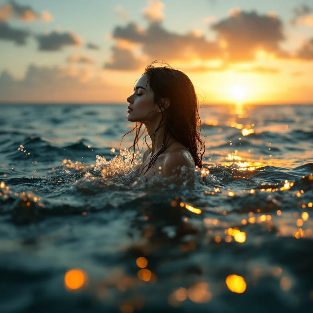 a girl with long, flowing hair, rises from the depths of the Pacific Ocean. The setting sun casts a warm glow on her skin as she emerges from the water. The scene is filled with a sense of peace and tranquility. Hyperrealistic, cinematic lighting, shallow depth of field, 8K resolution.
