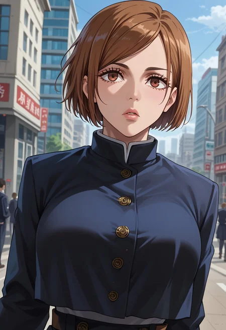 anime artwork, score_9, score_8_up, score_7_up, score_6_up, score_5_up, solo, perfect eyes, detailed eyes, beautiful female, detailed face, dynamics lines, 20 year old, perfect beautiful face, long eyelashes, sharp eyes pupils, city, (upper body:1.5), large breasts, wide hips, hips,,1 girl, nobara, brown hair, short hair, brown eyes, school uniform, black jacket, brown belt, black skirt