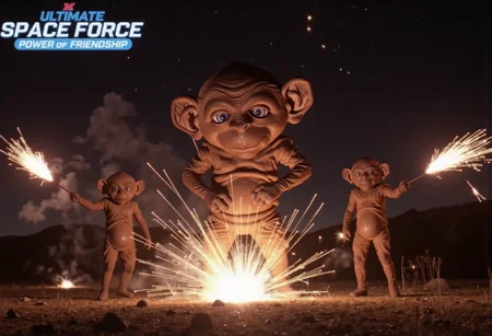 Nukie the knockoff alien's ultimate space force power of friendship sparkler fireworks warriors in combat, big logo at top "SPACE FORCE POWER OF FRIENDSHIP". glow effects, godrays, Hand drawn, render, 8k, octane render, cinema 4d, blender, dark, atmospheric 4k ultra detailed, cinematic, Sharp focus, big depth of field, Masterpiece, colors, 3d octane render, 4k, concept art, trending on artstation, hyperrealistic, Vivid colors, extremely detailed CG unity 8k wallpaper, trending on CGSociety, Intricate, High Detail, dramatic
