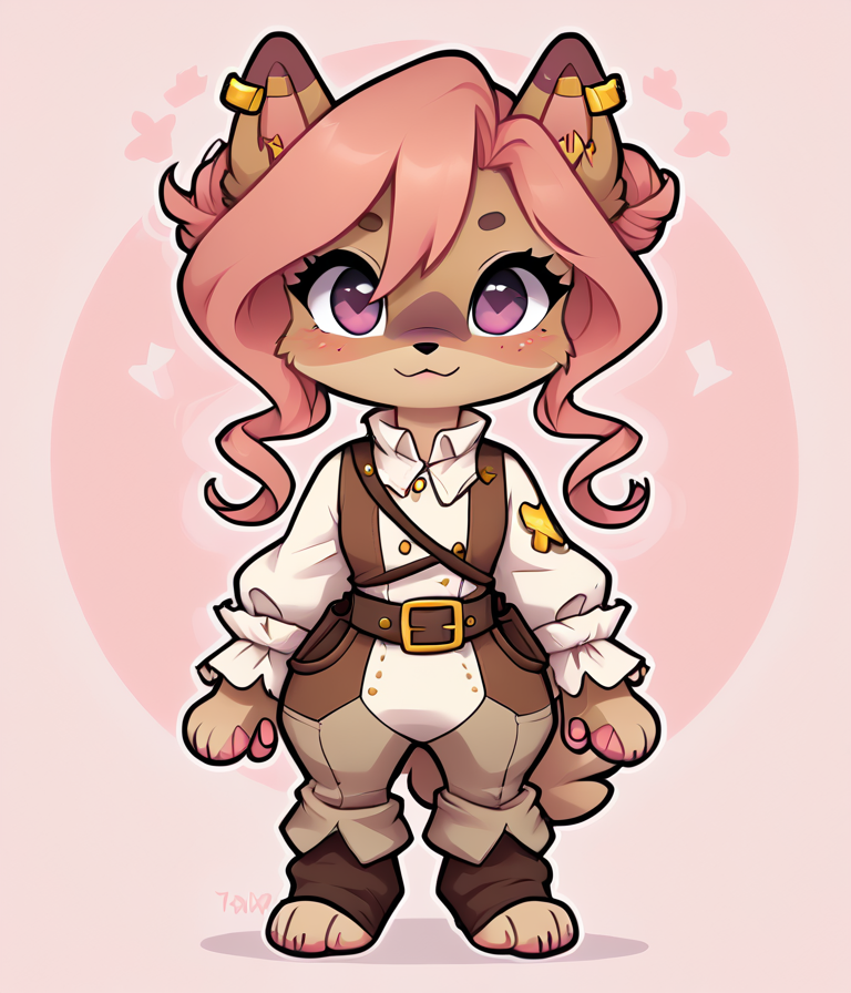 score_9, score_8_up, female, solo, full body, digital art, highly detailed, front yard, cute pirate captain outfit, <lora:hazel:1> hazel, furry, dog girl, beige body, pink hair, purple eyes