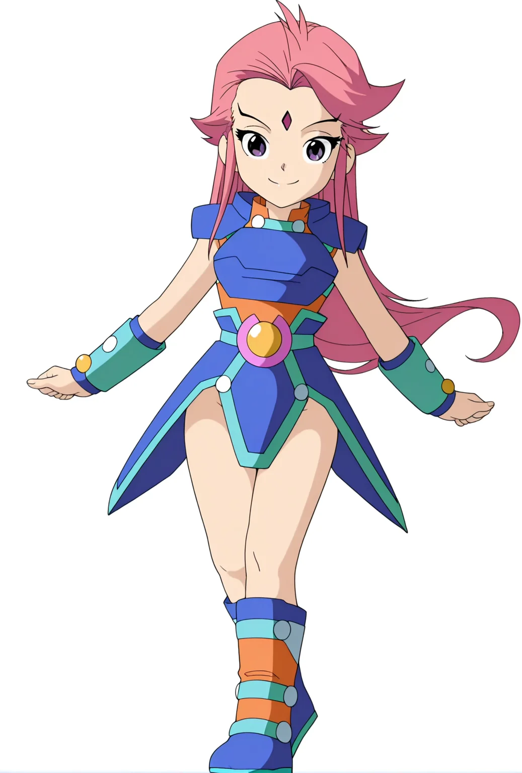 <lora:tiexinjia1:1>,
tiexinjia1,1girl,long hair,smile,white background,closed mouth,bule armor,standing,wristband,shoulder armor,purple eyes,full body,pink hair,boots,forehead jewel,, masterpiece,best quality,amazing quality,anime coloring,anime screencap