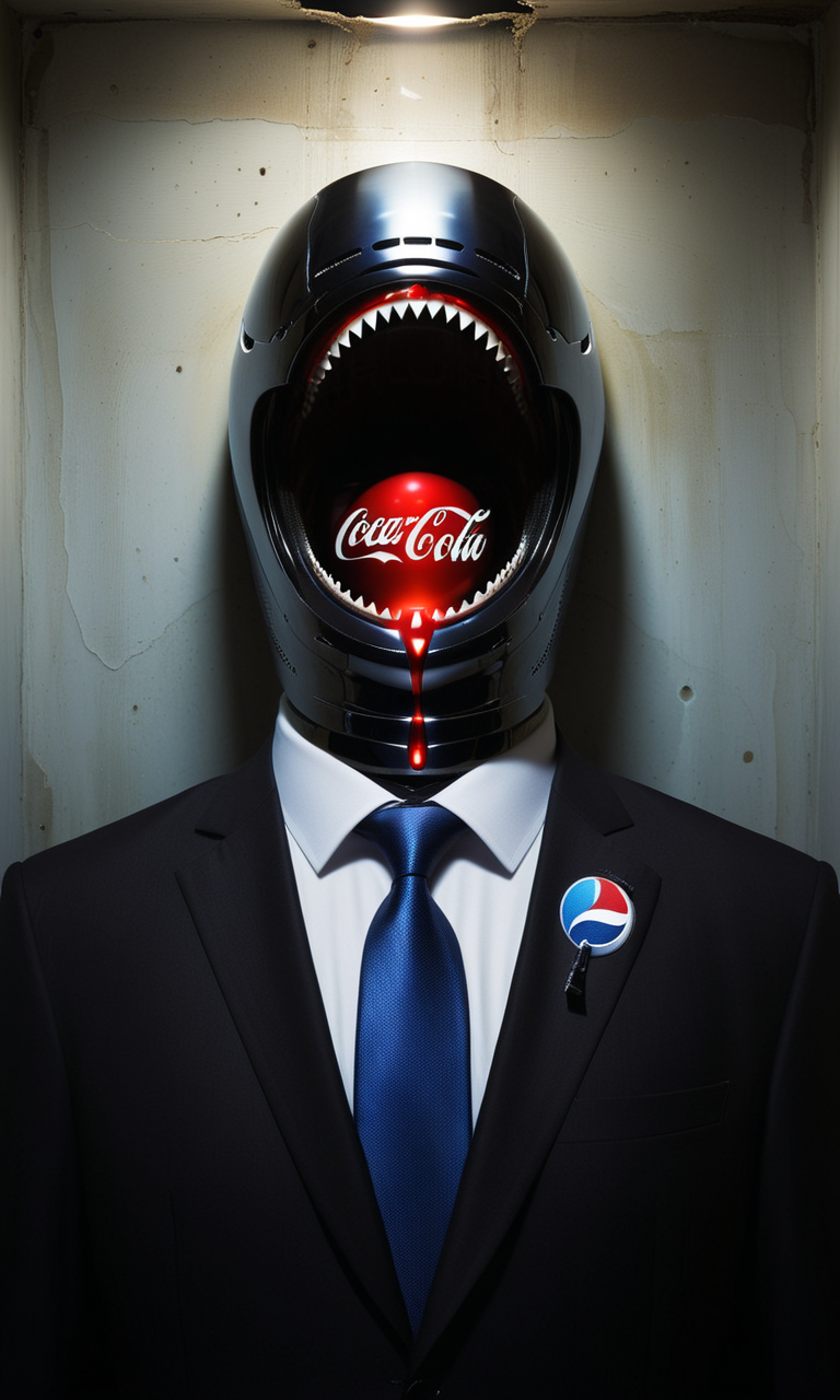 A hollow body, emerging from the neck a soul of light, the one that replaces what was once the man inside the suit and tie: and it hasn't. Nothing can replace it, yet the corporate logos, the Pepsi, the Coke, the Nintendos and so on speak through its neck and somewhere in the static, like an enigmatic face pressed against a saran wrap wall, it screams. And you see it there, late at night in the mirror: he is alive in there in the screaming thing that wakes into television and presses into its pillow like death like death like all that has wept and long gone down into the grave of night, the one that never sleeps now, and besides, the light stays on in the daytime too