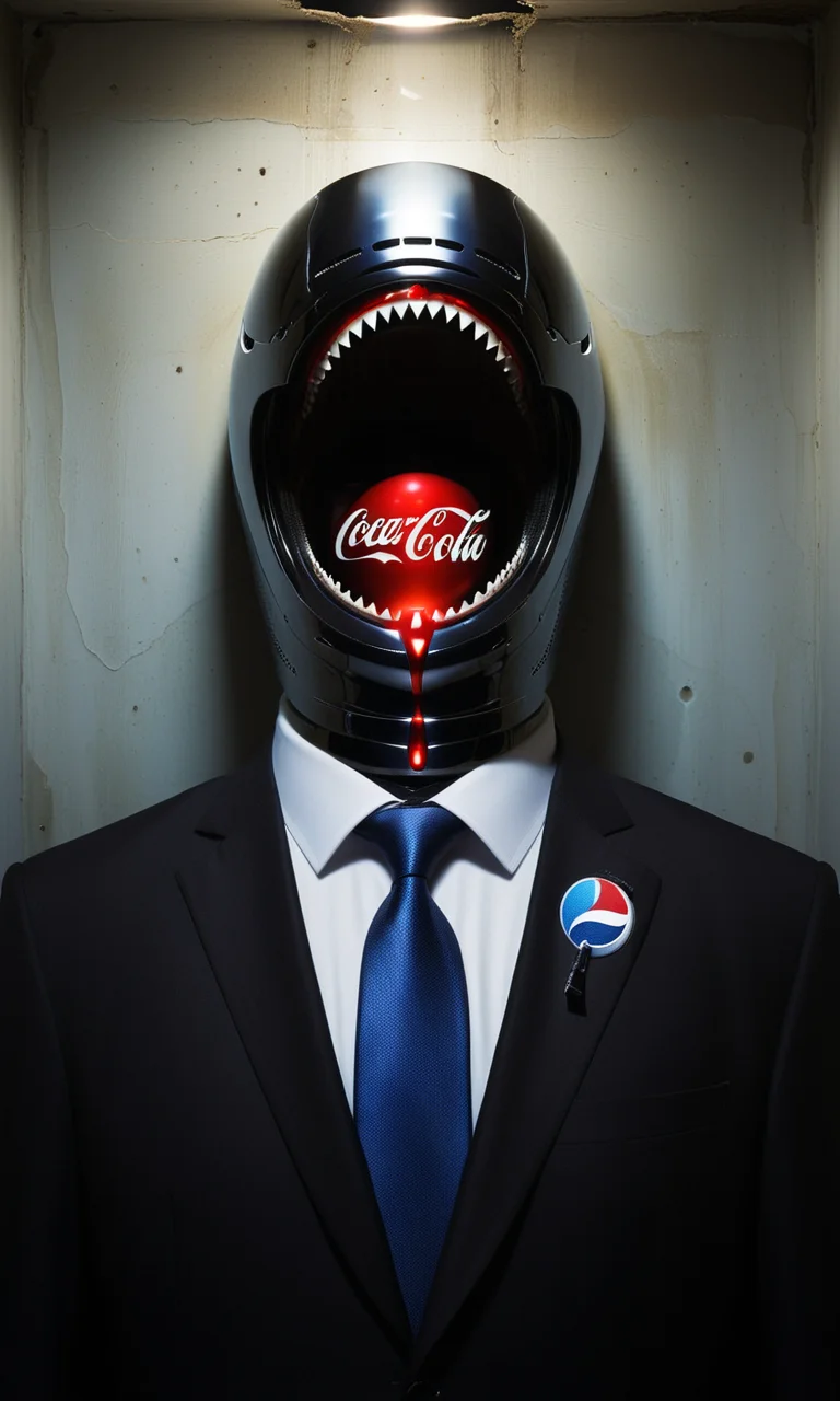 A hollow body, emerging from the neck a soul of light, the one that replaces what was once the man inside the suit and tie: and it hasn't. Nothing can replace it, yet the corporate logos, the Pepsi, the Coke, the Nintendos and so on speak through its neck and somewhere in the static, like an enigmatic face pressed against a saran wrap wall, it screams. And you see it there, late at night in the mirror: he is alive in there in the screaming thing that wakes into television and presses into its pillow like death like death like all that has wept and long gone down into the grave of night, the one that never sleeps now, and besides, the light stays on in the daytime too