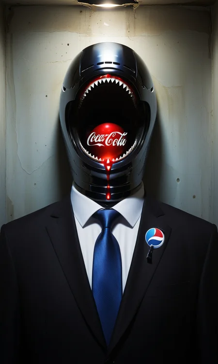 A hollow body, emerging from the neck a soul of light, the one that replaces what was once the man inside the suit and tie: and it hasn't. Nothing can replace it, yet the corporate logos, the Pepsi, the Coke, the Nintendos and so on speak through its neck and somewhere in the static, like an enigmatic face pressed against a saran wrap wall, it screams. And you see it there, late at night in the mirror: he is alive in there in the screaming thing that wakes into television and presses into its pillow like death like death like all that has wept and long gone down into the grave of night, the one that never sleeps now, and besides, the light stays on in the daytime too