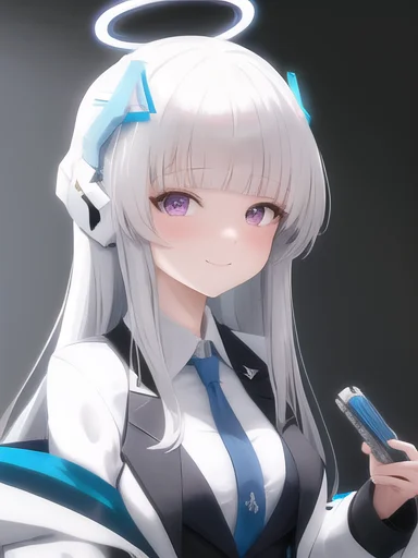 halo, 1girl, purple eyes, solo, necktie, sky, jacket, blue necktie, looking at viewer, mechanical halo, long hair, smile, holding, suit, formal, grey hair, cloud, shirt, white jacket, white suit, id card, breasts, open clothes, masterpiece, best quality,ba-noa