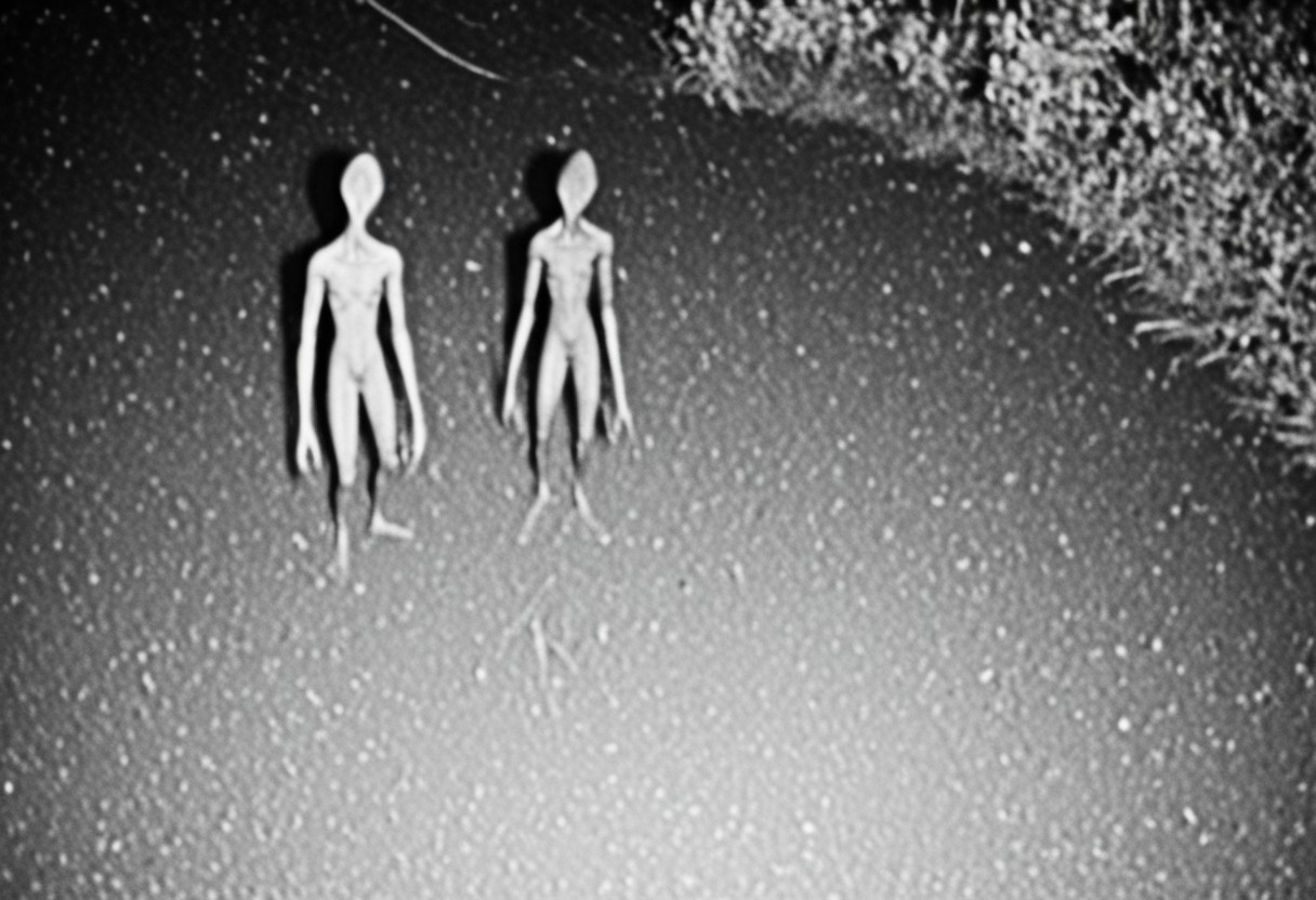 aliencctvlora, black and white nighttime cctv footage of two thin gray aliens skulking around the backyard of a suburban home, (thin bodies:1.2), (big bulbous heads:1.4), tall, long thin arms, thin fingers, long thin necks, (big black eyes:1.4), realistic, grainy cctv, dark footage, dynamic action, candid, olddigitalcamera, raw, light leak, film grain, (jpeg artifacts:0.5), low res