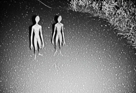 aliencctvlora, black and white nighttime cctv footage of two thin gray aliens skulking around the backyard of a suburban home, (thin bodies:1.2), (big bulbous heads:1.4), tall, long thin arms, thin fingers, long thin necks, (big black eyes:1.4), realistic, grainy cctv, dark footage, dynamic action, candid, olddigitalcamera, raw, light leak, film grain, (jpeg artifacts:0.5), low res