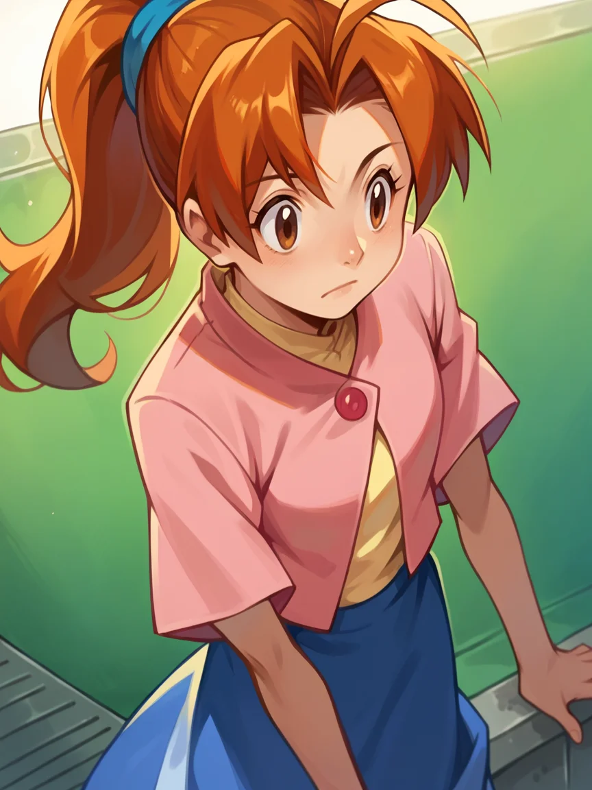 score_9, score_8_up, score_7_up, score_6_up, score_5_up, <lora:DeliaKetchumXLP:1> delia ketchum, 1girl, orange hair, brown eyes, solo, ponytail, skirt, shirt