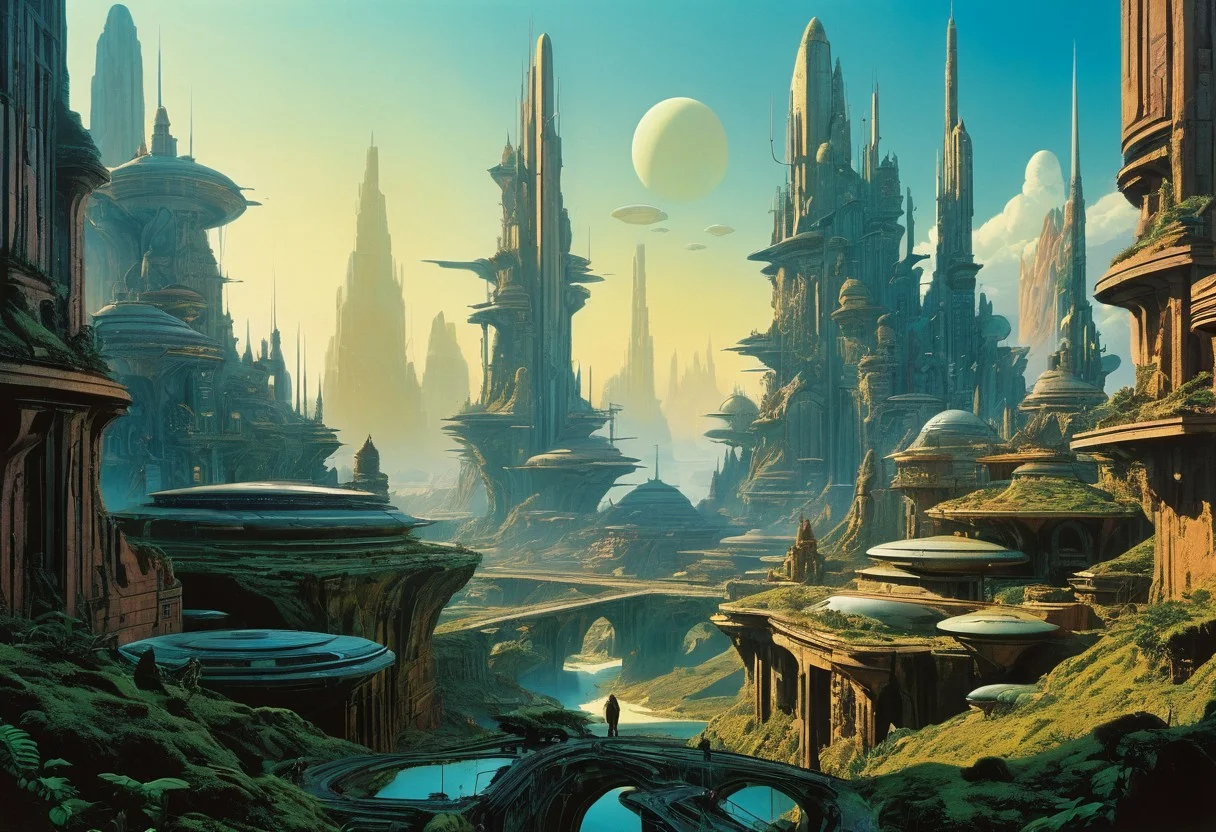 Art by Roger Dean, cyberpunk city, luminescence, ultrarealistic, hyperdetailed, soft lighting in a otherworldly landscape, epic scale, German myth, layered symbolic density. Film grain, cinematic film still, highly detailed, highly contrasted, dynamic pose, high budget, sharp focus, cinemascope, gorgeous, 2000s vintage RAW photo, photorealistic, color graded cinematic, natural, extreme quality