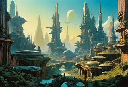 Art by Roger Dean, cyberpunk city, luminescence, ultrarealistic, hyperdetailed, soft lighting in a otherworldly landscape, epic scale, German myth, layered symbolic density. Film grain, cinematic film still, highly detailed, highly contrasted, dynamic pose, high budget, sharp focus, cinemascope, gorgeous, 2000s vintage RAW photo, photorealistic, color graded cinematic, natural, extreme quality
