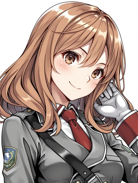 masterpiece,best quality,newest,
1girl,solo,
<lora:rail_clave_ilxl_v1.2:1>,rail_clave,brown hair,brown eyes,r_uniform,red necktie,ä¸ï·¿åå¸,military uniform,white gloves,<lora:Fixhands_anime_bdsqlsz_V1:1>,cinematic_angle,dynamic_angle,white_background,simple_background,face_focus,looking_at_viewer,light_blush,smile,upper_body,hand_in_hair,profile,from_above,from_side,