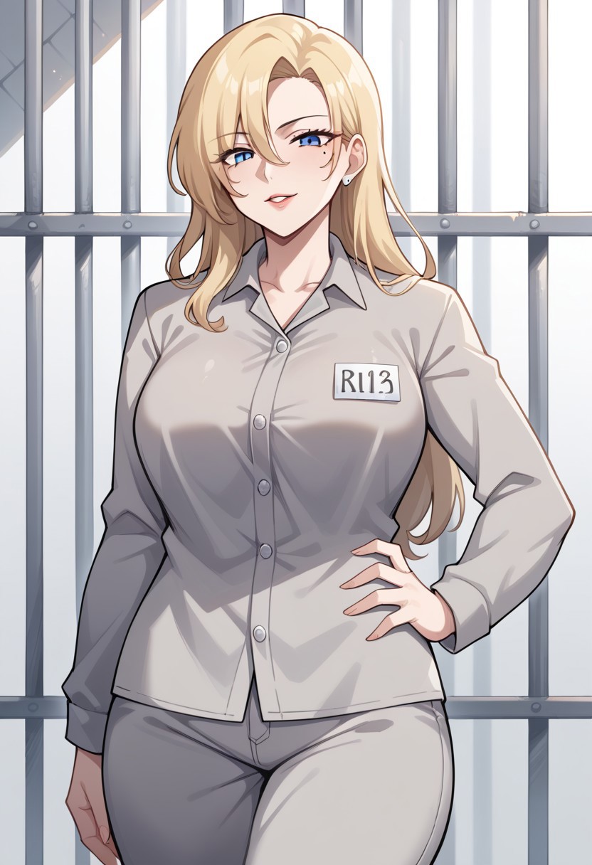 score_9, score_8_up, score_7_up, score_6_up, 1girl, solo, BREAK hirokosmtii, long hair, blonde hair, mole under eye, blue eyes, Prison clothes, gray uniform, pants, name tag, outdoors, cowboy shot, hand on hip, mature woman, looking at viewer, evil laught