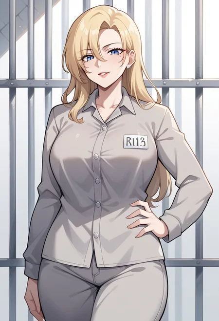 score_9, score_8_up, score_7_up, score_6_up, 1girl, solo, BREAK hirokosmtii, long hair, blonde hair, mole under eye, blue eyes, Prison clothes, gray uniform, pants, name tag, outdoors, cowboy shot, hand on hip, mature woman, looking at viewer, evil laught