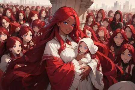 (masterpiece, best quality:1.5), (ultra realistic:1.5), (8k uhd, very high quality:1.5), (extremely detailed face:1.5), (everyone has ruby red hair:1.5), (dark skin mother holding an endless amount of infants and surrounded by an endless amount of her children:1.5), (everyone smiling and happy:1.5), (everyone has bright blue eyes:1.5), (everyone has long ruby red hair:1.5), (the woman is surrounded by endless amounts of her children that fill the entire background:1.5), (the woman is surrounded by an endless amount of her children that fill the entire background:1.5), (city background:1.5)