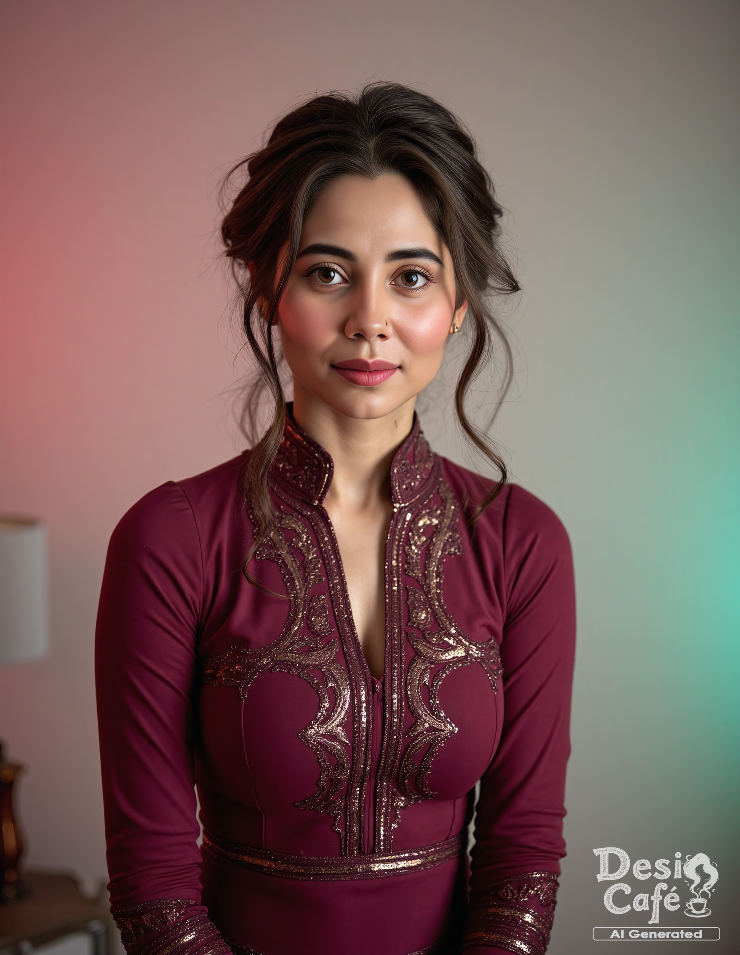 full body photo of z4hr4h kh4n woman, hyper realistic photo that is safe for work, shy smile, studio quality image with natural colors, well dressed wearing intricate long sleeved Burgundy Patiala Suit, hair styled as  messy pixie,muted pastel shaded multicolored background that contrasts with the person, cinematic lighting,âââââ âââ <lora:z4hr4h_kh4n_Zahrah_Khan_Flux_Kohya_V1:1>âââ